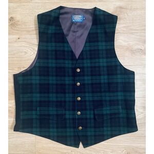 Pendleton Vest Mens 100% Virgin Wool Green Tartan Plaid Button Down 46 USA Made